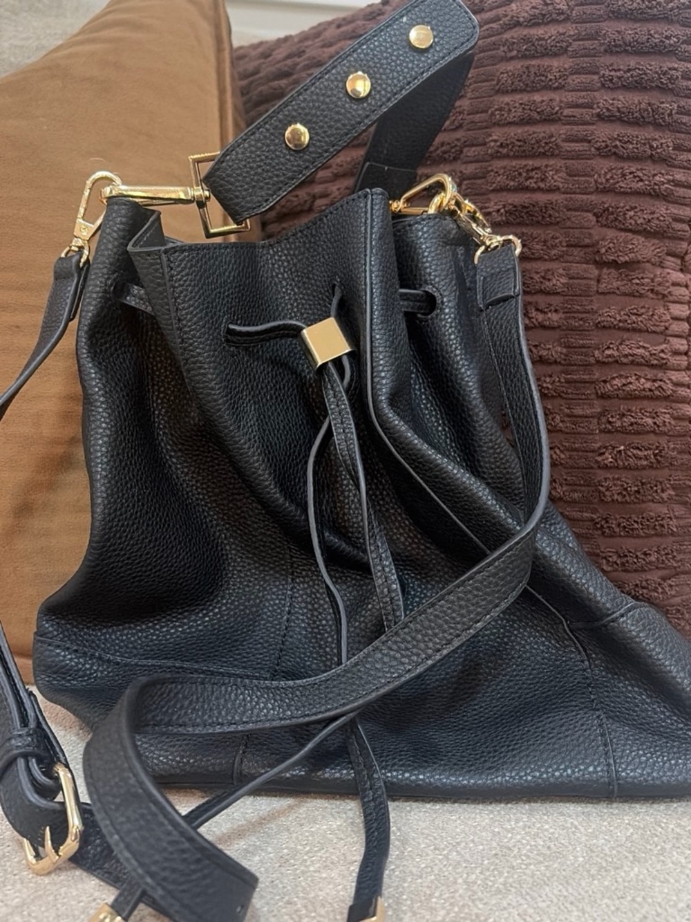 Zara Black Pebbled Leather Drawstring Bucket Bag with Gold Accents